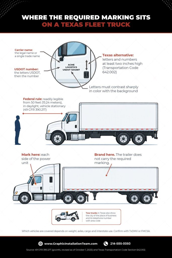 Where the Required Marking Sits on a Texas Fleet Truck where the carrier name and USDOT number go on a Texas fleet truck door, with 50-foot and two-inch letter rules